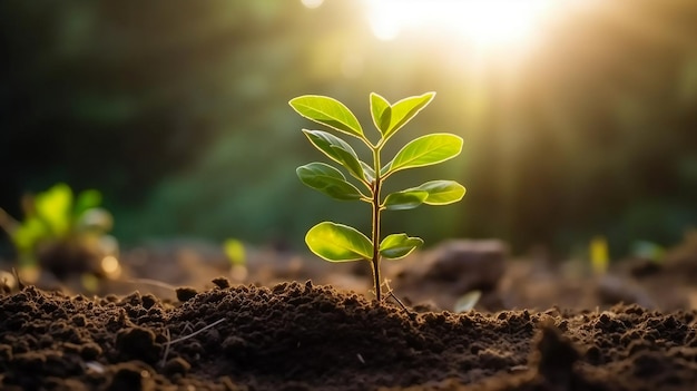 Een plant met groene bladeren die uit de grond ontspruiten