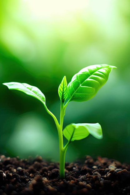 Een plant met groene bladeren die uit de grond ontspruiten