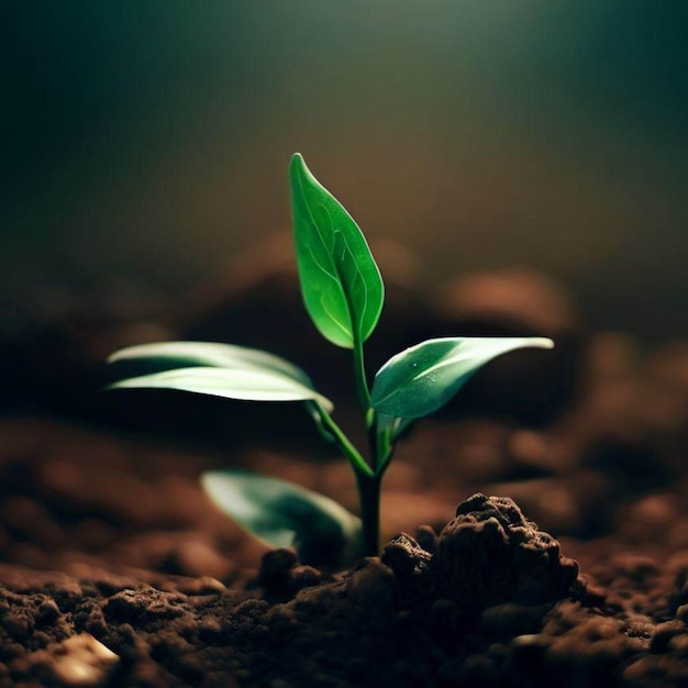 Een plant met groene bladeren die uit de grond ontspruiten