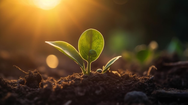 Een plant met groene bladeren die uit de grond ontspruiten