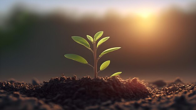 Een plant met groene bladeren die uit de grond ontspruiten