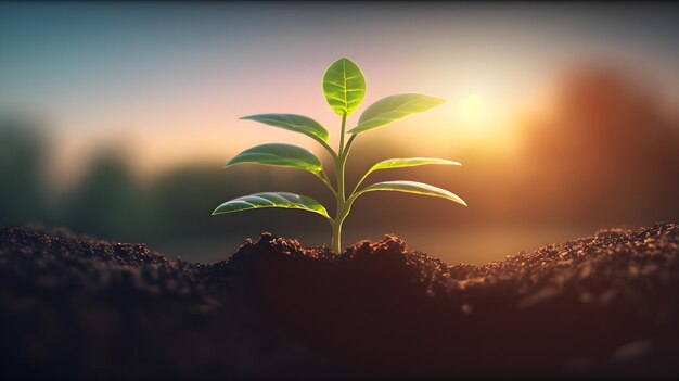 Een plant met groene bladeren die uit de grond ontspruiten