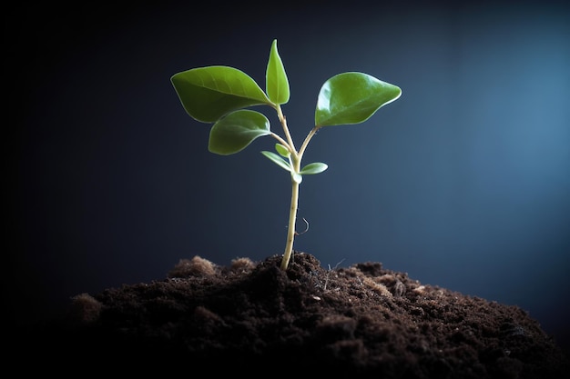 Een plant met groene bladeren groeit in het donker.