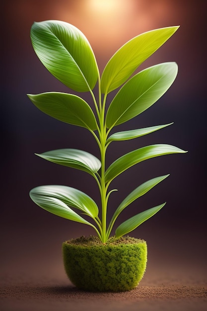 Een plant met groene bladeren in een pot met een donkere achtergrond.