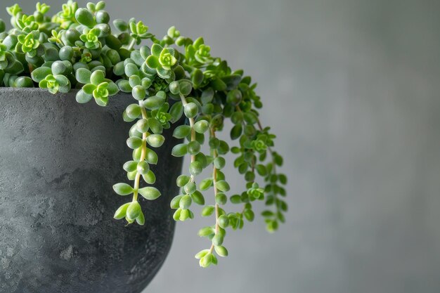 Een plant met groene bladeren in een zwarte pot.