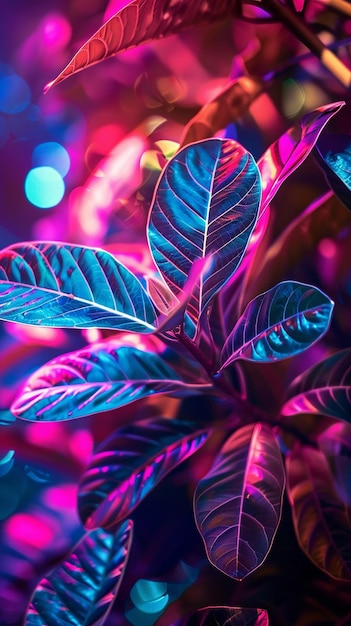 Foto een plant met paarse en groene bladeren en een kleurrijk licht erachter moderne neon behang