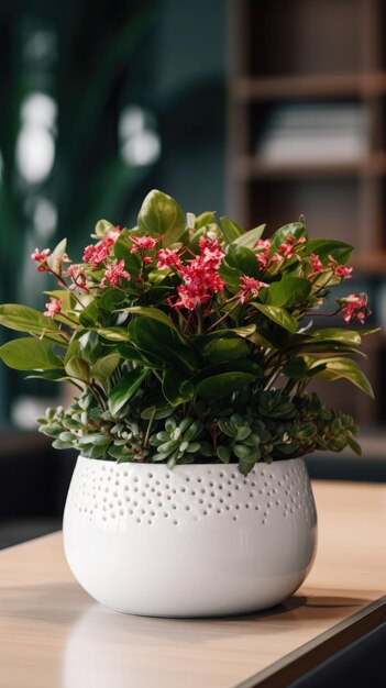 Een plant met rode bloemen in een witte vaas