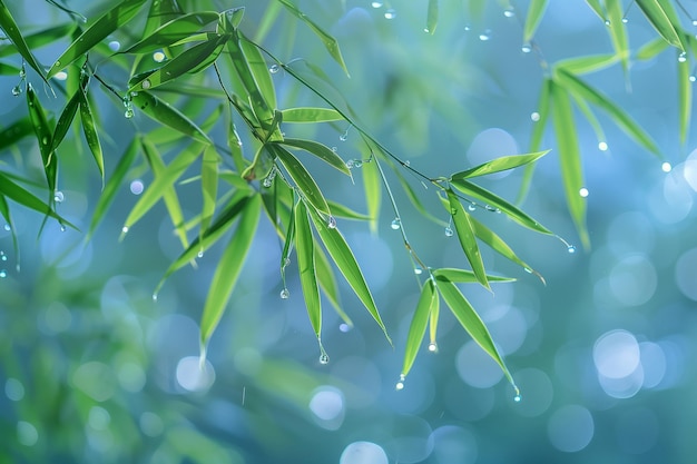 een plant met waterdruppels erop en een blauwe achtergrond
