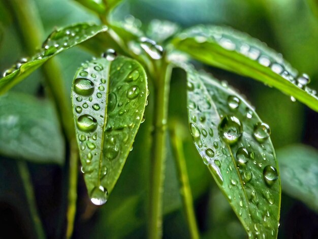 een plant met waterdruppels erop en een groen blad dat zegt dat het water valt