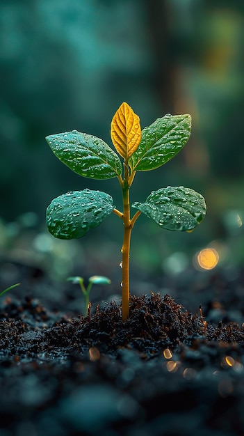 een plant met waterdruppels erop