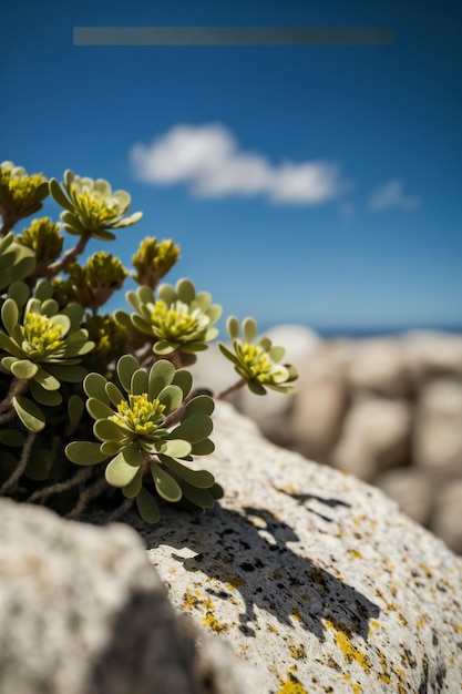 Een plant op een rots met de lucht op de achtergrond