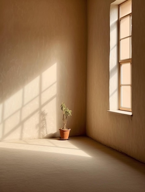Een plant staat in een hoek van een kamer met een raam waar de zon doorheen schijnt.