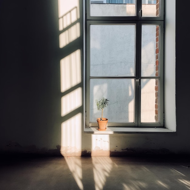 Een plant staat voor een raam waar de zon doorheen schijnt.