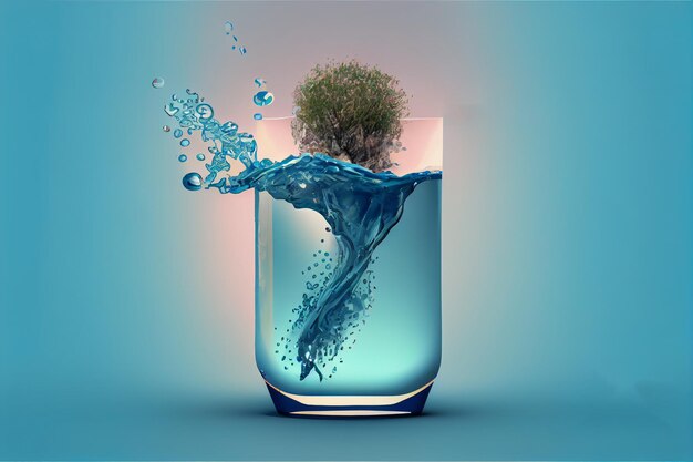 Een plant zit in een glas water met een blauw achtergrondconcept voor aarde en waterecologie