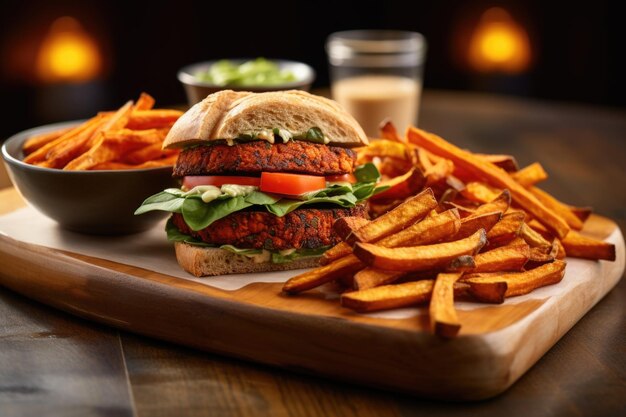 Een plantaardige vegan burger met zoete aardappelfrietjes on the side