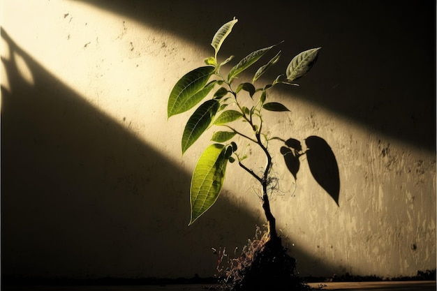 Een plantenscheut die naar het zonlicht reikt