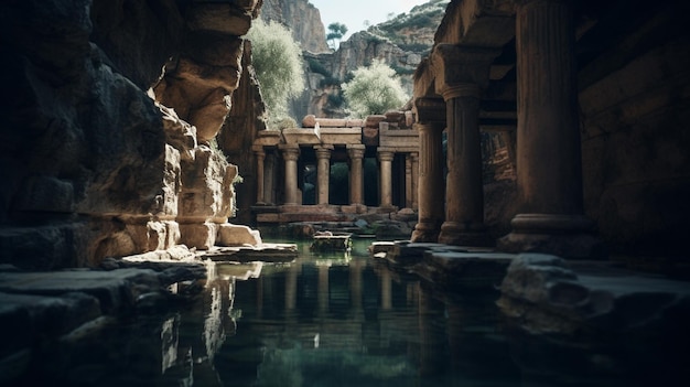 Een plas water in een grot met een tempel op de achtergrond.