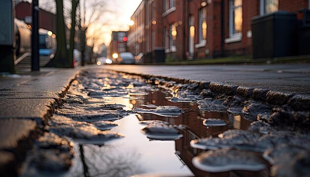 Foto een plas water met een weerspiegeling van een gebouw op de achtergrond