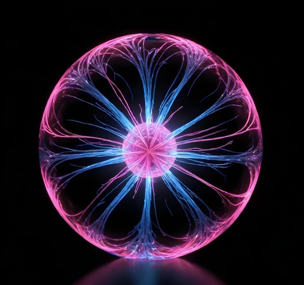Foto een plasmabal met roze en blauwe gloeiende filamenten die uit het midden komen