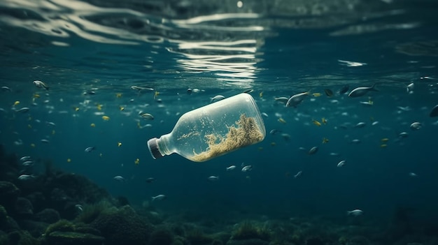 Een plastic fles in het water gegooid Generatieve AI