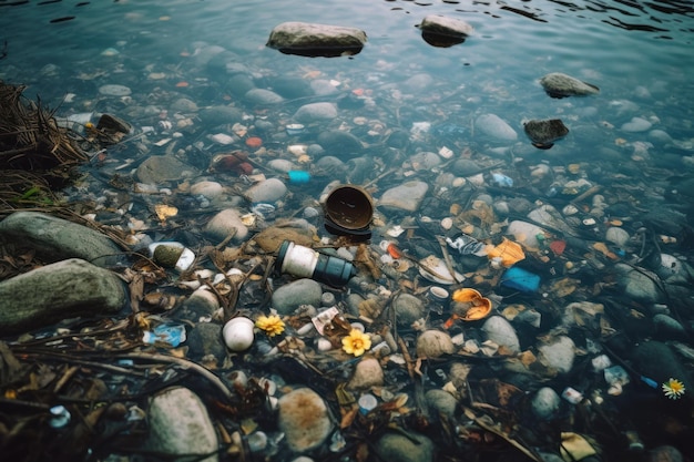 Een plastic fles in het water is omringd door vuilnis.