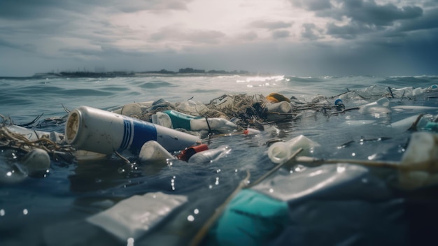 Een plastic fles met een blauw label met de tekst 'oceaan'