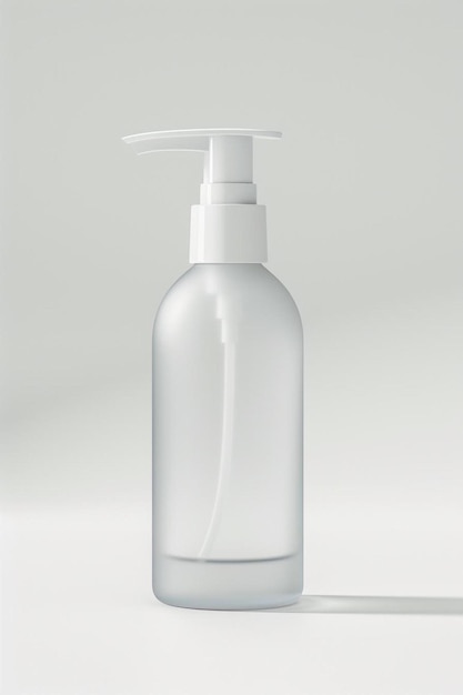 een plastic fles met een pompje op een wit oppervlak