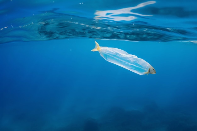 Een plastic zak drijft in de oceaan.