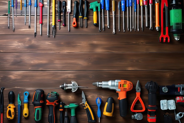 Een plat leggen van verschillende elektrische gereedschappen op een houten achtergrond inschakelen