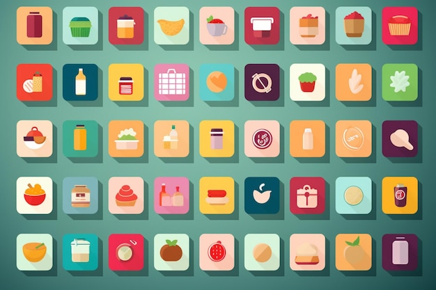 Een platte icoon set van eten en drinken Generatieve AI