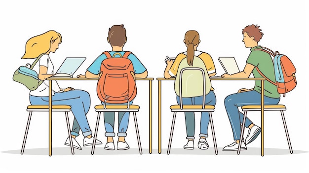 Foto een platte illustratie die verschillende studiestijlen toont onder studenten die aan hun bureau zitten