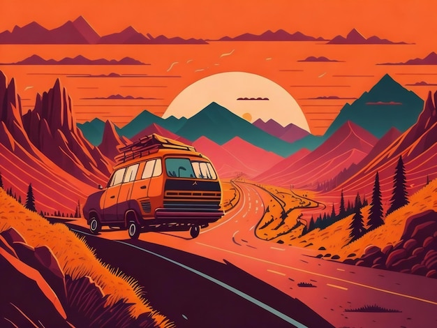 Foto een platte illustratie van een busje dat over een bochtige weg in californië rijdt