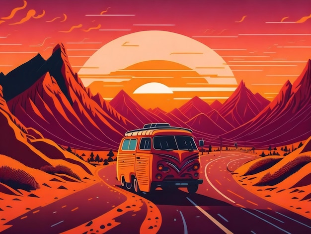Een platte illustratie van een busje dat over een bochtige weg in Californië rijdt
