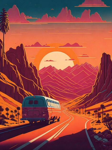 Een platte illustratie van een busje dat over een bochtige weg in Californië rijdt