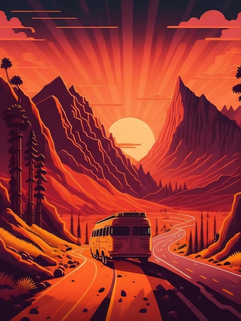 Een platte illustratie van een busje dat over een bochtige weg in Californië rijdt