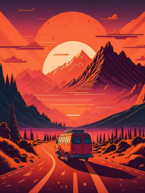 Een platte illustratie van een busje dat over een bochtige weg in Californië rijdt