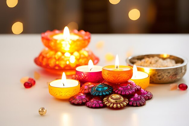 Een platte lay-out van Diwali-decoraties en diya's, perfect om Diwali-wensen toe te voegen