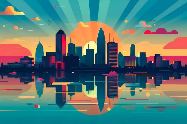 Een platte vectorillustratie van de skyline van Cleveland Ohio, een moderne stad in de Verenigde Staten.