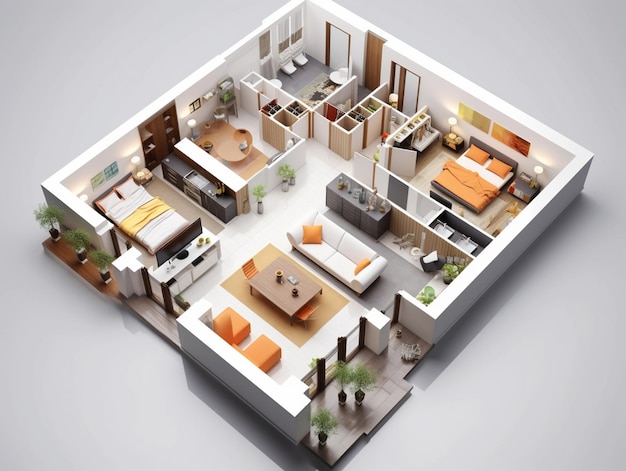 Een plattegrond van een huis met een woonkamer en keuken.