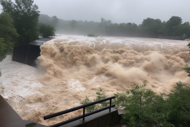 Foto een plotselinge overstroming stuurt een stortvloed van water die door een gebroken dam raast en alles op zijn pad wegspoelt