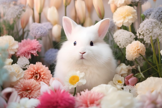 Een pluizig konijntje in een bloemenveld met een delicate bloemenachtergrond