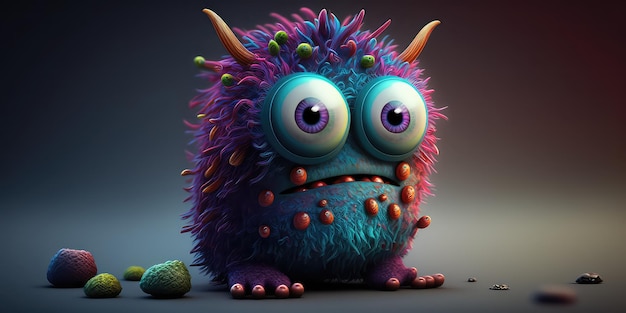 Een pluizig monster met paarse en blauwe ogen en paarse hoorns zit op een grijze achtergrond.
