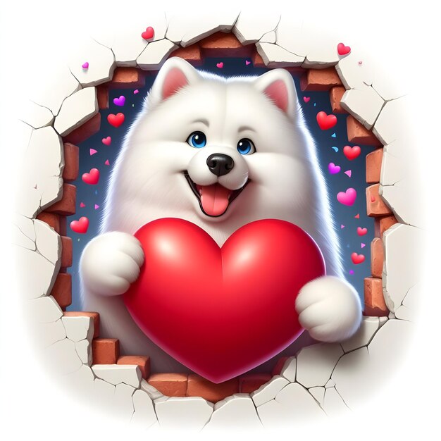 Foto een pluizige cartoon illustratie van een samoyedo hond die verschijnt uit een gebarsten gat in de muur