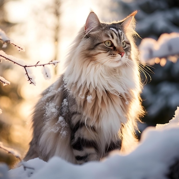 een pluizige kat zit in de sneeuw voor een boom