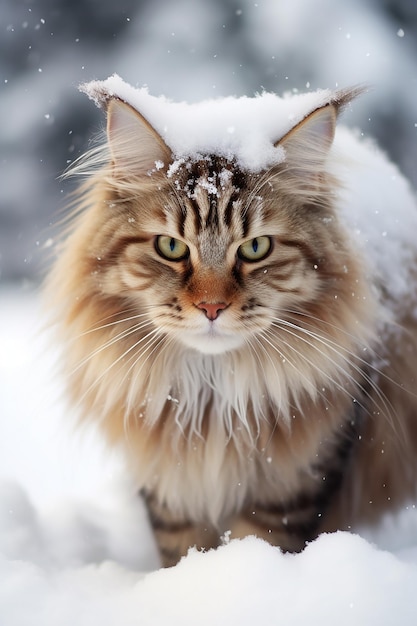 Een pluizige Maine Coon kat in de sneeuw