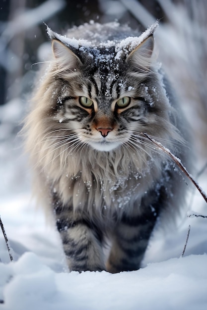 Een pluizige Maine Coon kat in de sneeuw