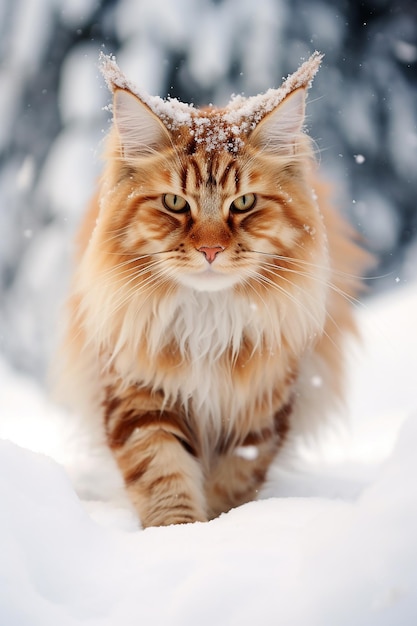 Een pluizige Maine Coon kat in de sneeuw