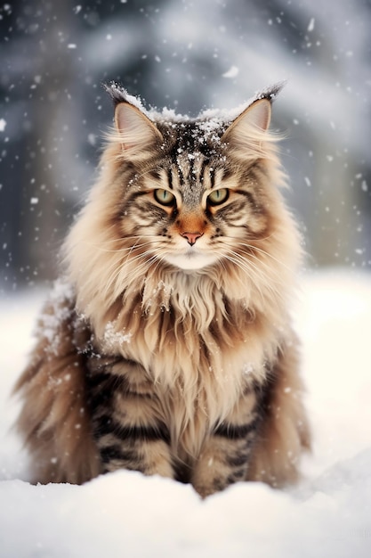 Een pluizige Maine Coon kat in de sneeuw