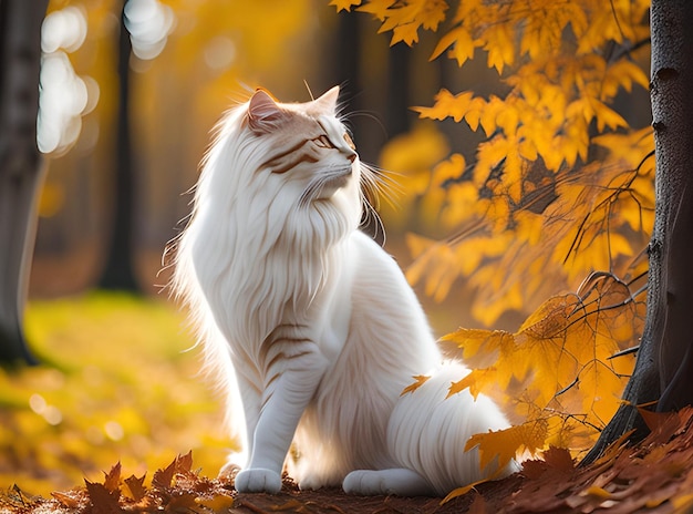 Een pluizige witharige kat kijkt in de herfst in het bos naar de zon. Werelddierdag.