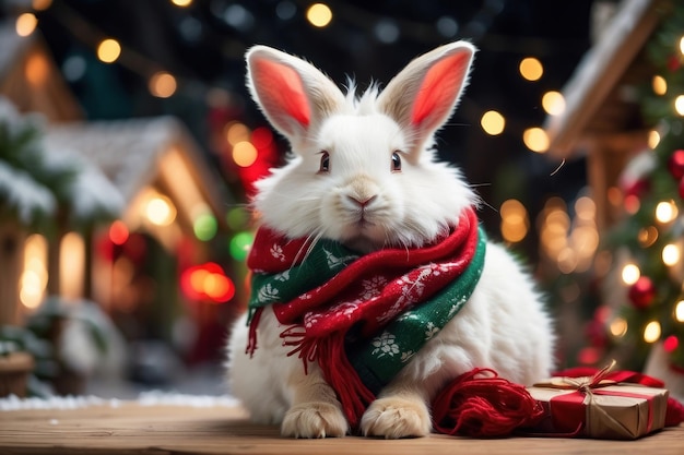 Een pluizige witte konijn met een rode en groene sjaal zit in een besneeuwd kerstdorp met glinsterende